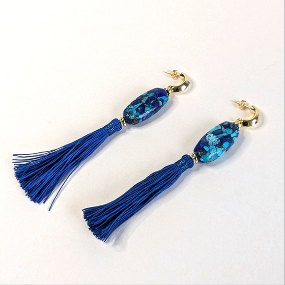 Kendra Scott Insley Statement Drop Earrings Blue Bronze Lapis Blue Tibetan Cord - Picture 4 of 7